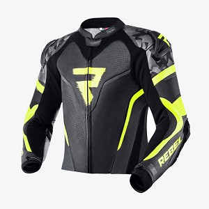 CHAQUETA REBELHORN DE CUERO REBELDE NEGRA Y AMARILLO FLUO