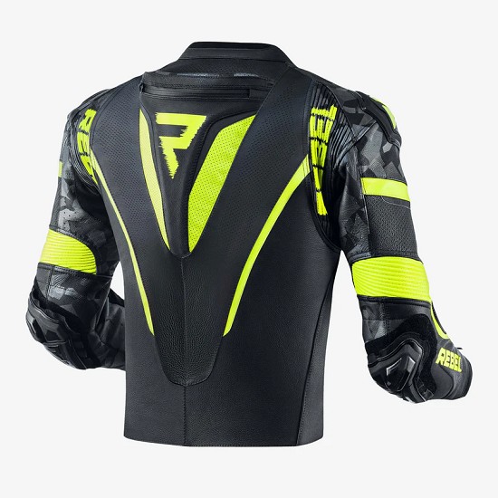 CHAQUETA REBELHORN DE CUERO REBELDE NEGRA Y AMARILLO FLUO