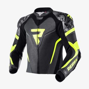 CHAQUETA REBELHORN DE CUERO REBELDE NEGRA Y AMARILLO FLUO