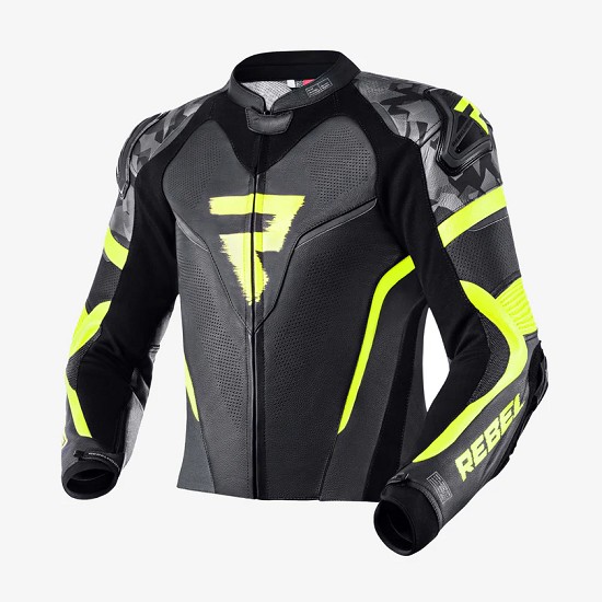 CHAQUETA REBELHORN DE CUERO REBELDE NEGRA Y AMARILLO FLUO