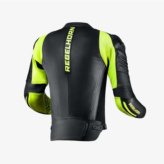 CHAQUETA REBELHORN DE CUERO VANDALICO NEGRA Y AMARILLO FLUO