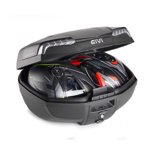 MALETA GIVI E46 RIVIERA NEGRO ACABADOS EN GRIS REFLEX TRANSPARENTES 46L